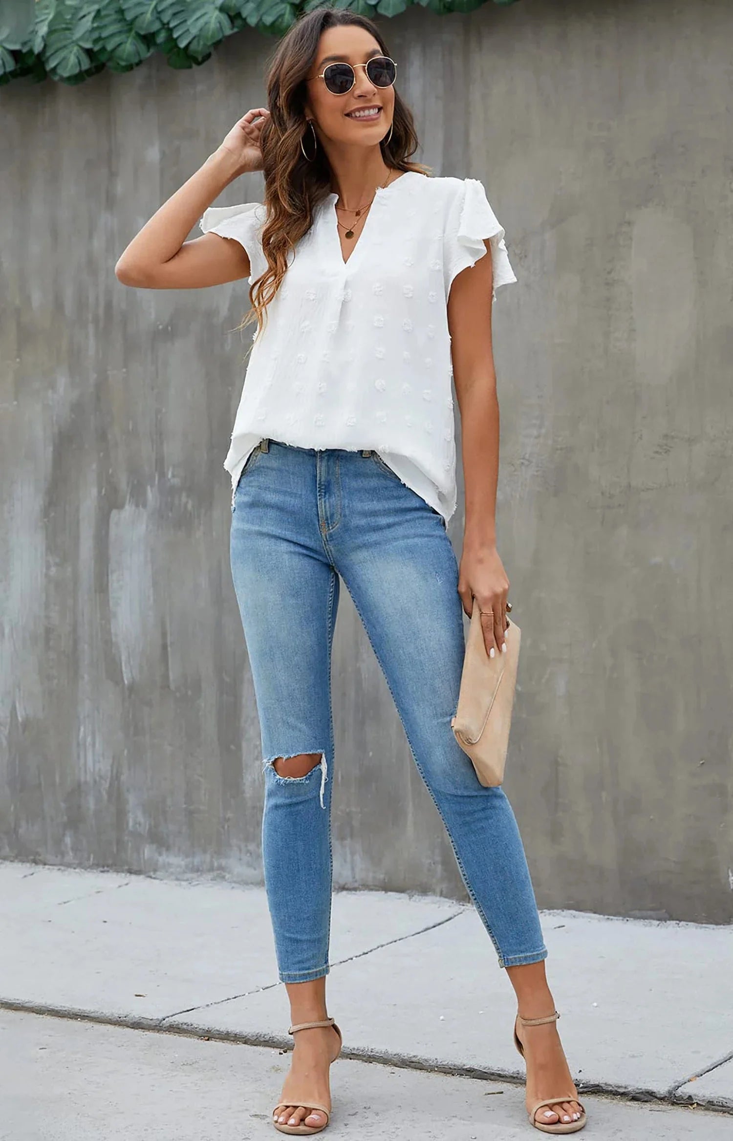 Women's V-Neck Ruffle Blouse - Awhite from Meahs Fashion