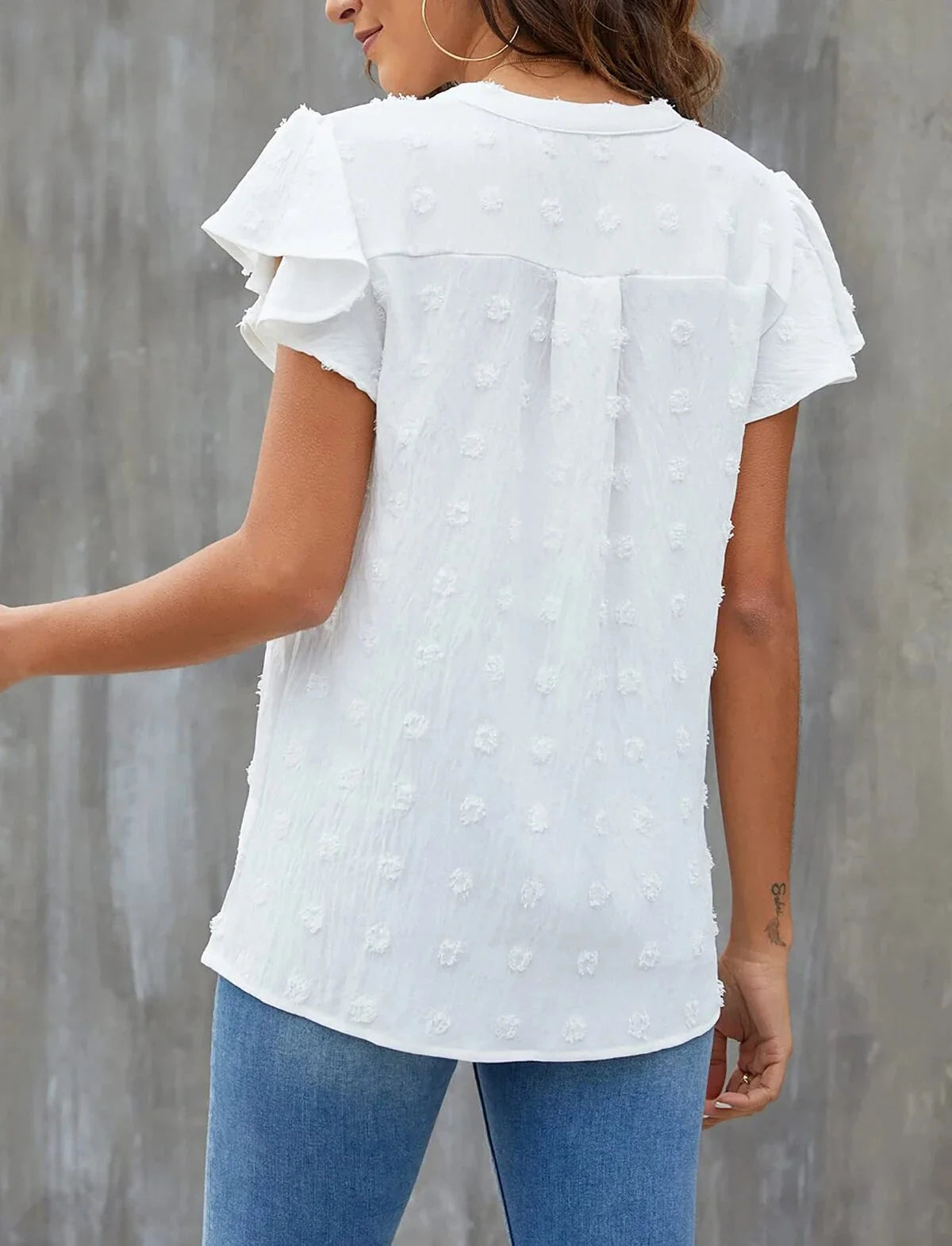Women's V-Neck Ruffle Blouse - Awhite from Meahs Fashion
