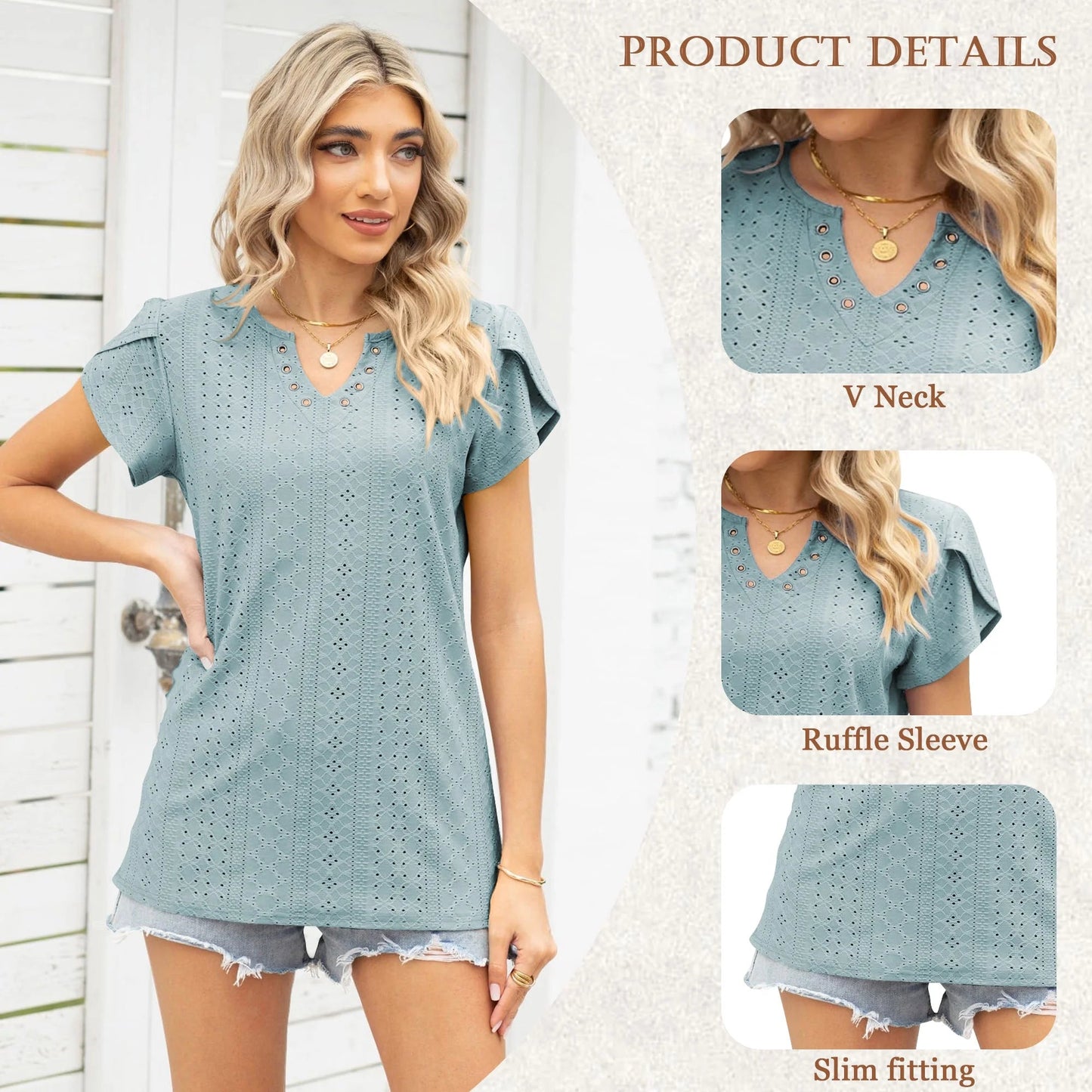 Women's Ruffle Sleeve T-Shirt - 1Blue from Meahs Fashion