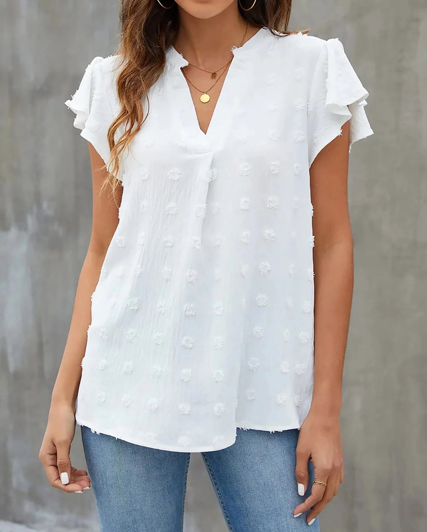 Women's V-Neck Ruffle Blouse - Awhite from Meahs Fashion