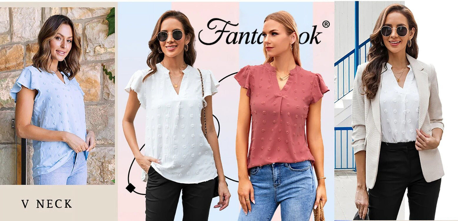 Women's V-Neck Ruffle Blouse - Awhite from Meahs Fashion