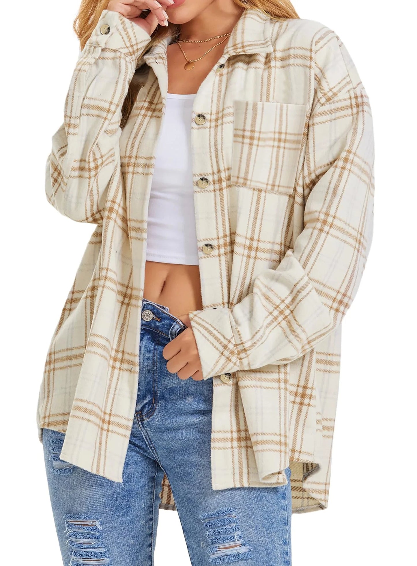 Women's Flannel Shacket Jacket - 2Beige from Meahs Fashion