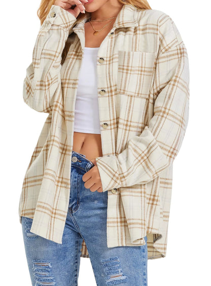Women's Flannel Shacket Jacket - 2Beige from Meahs Fashion
