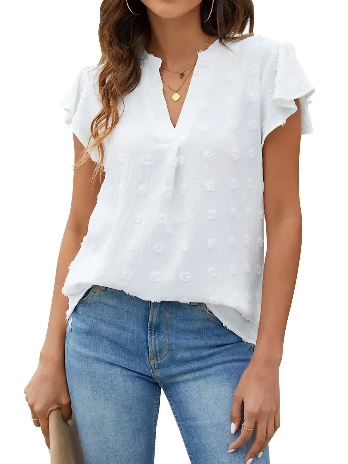 Women's V-Neck Ruffle Blouse - Awhite from Meahs Fashion