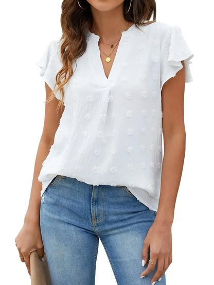 Women's V-Neck Ruffle Blouse - Awhite from Meahs Fashion