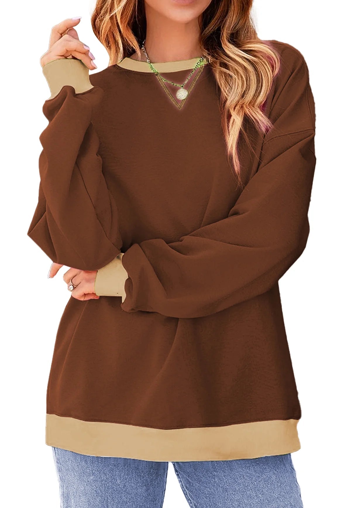 Women's Color Block Sweatshirt - Brown from Meahs Fashion