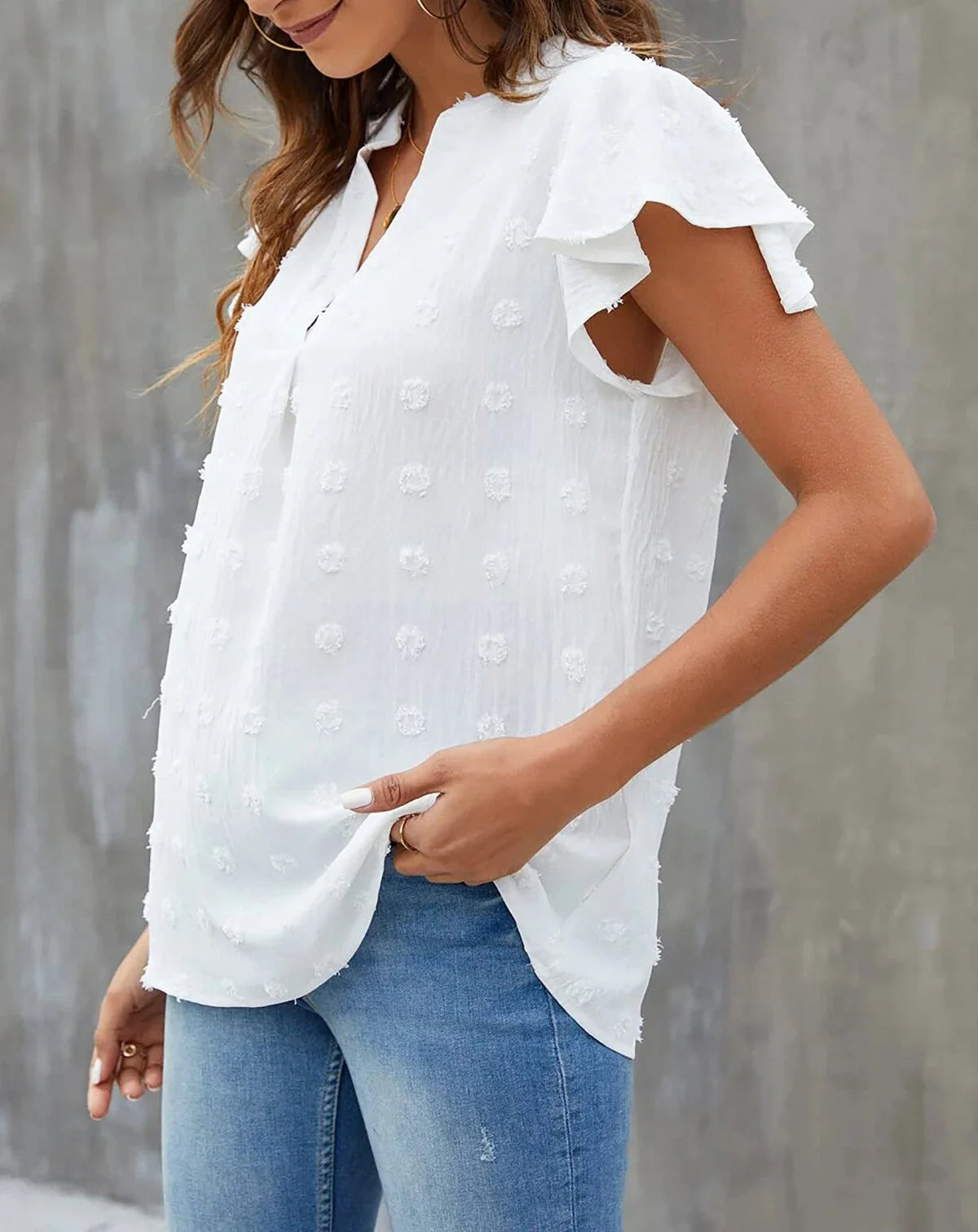 Women's V-Neck Ruffle Blouse - Awhite from Meahs Fashion