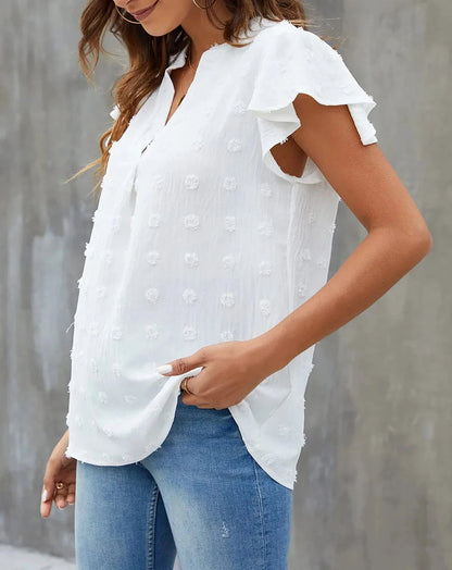 Women's V-Neck Ruffle Blouse - Awhite from Meahs Fashion