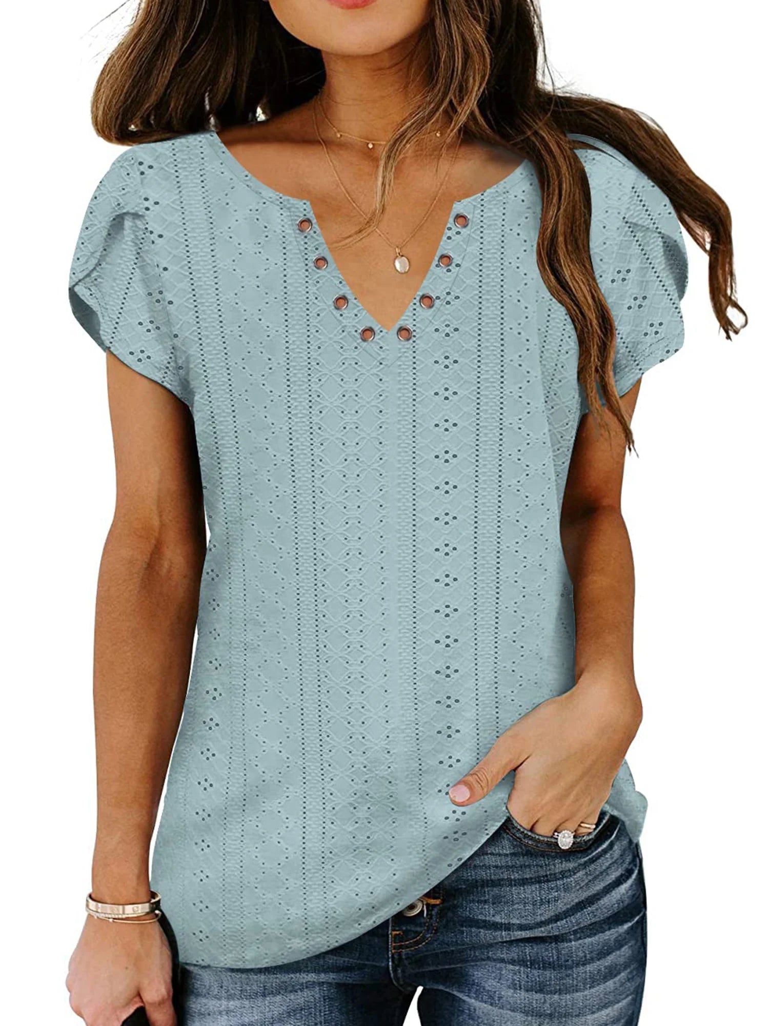 Women's Ruffle Sleeve T-Shirt - 1Blue from Meahs Fashion