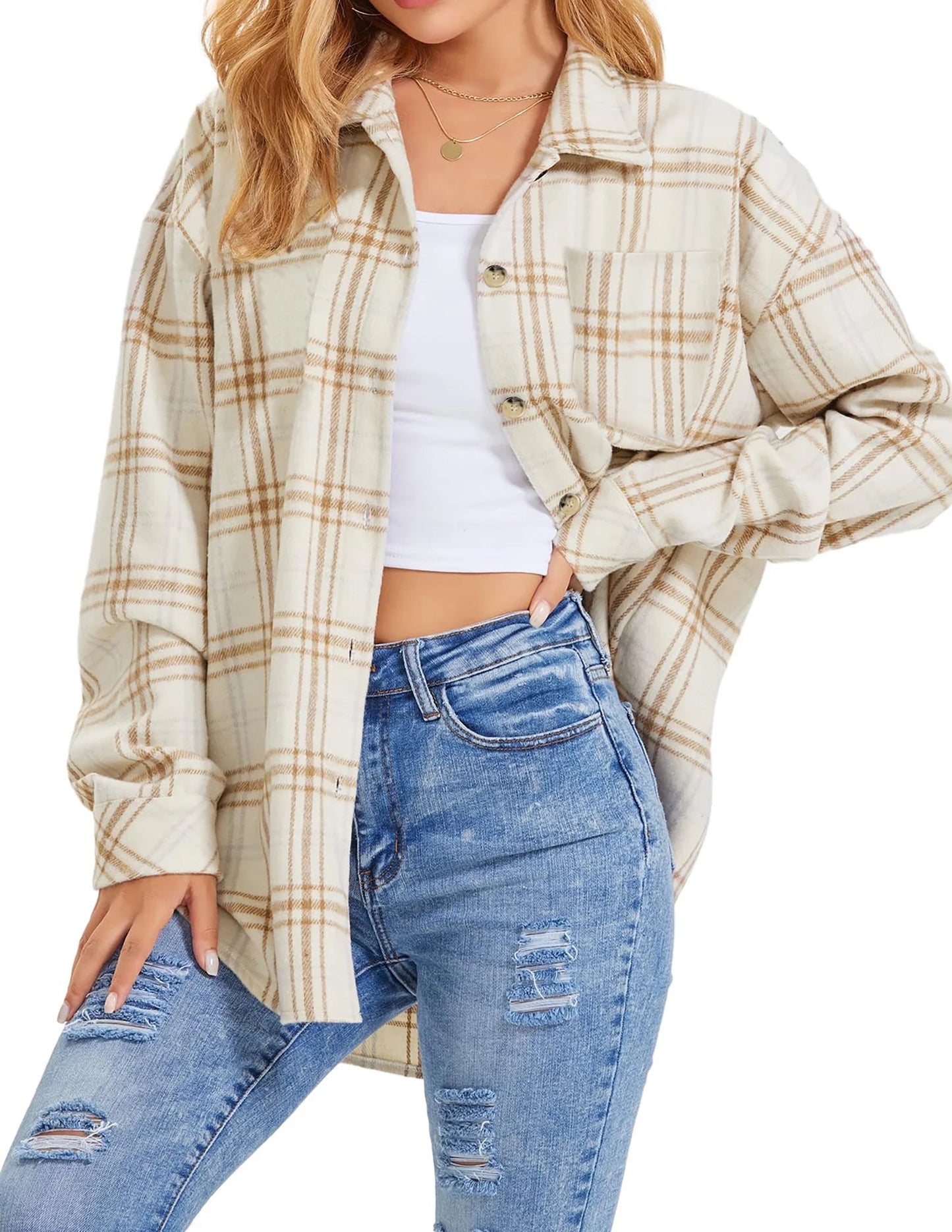 Women's Flannel Shacket Jacket - 2Beige from Meahs Fashion