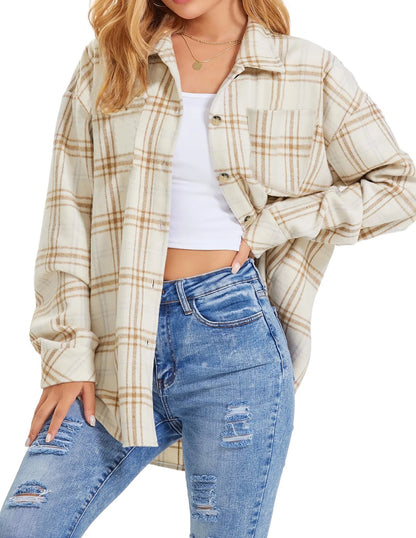 Women's Flannel Shacket Jacket - 2Beige from Meahs Fashion