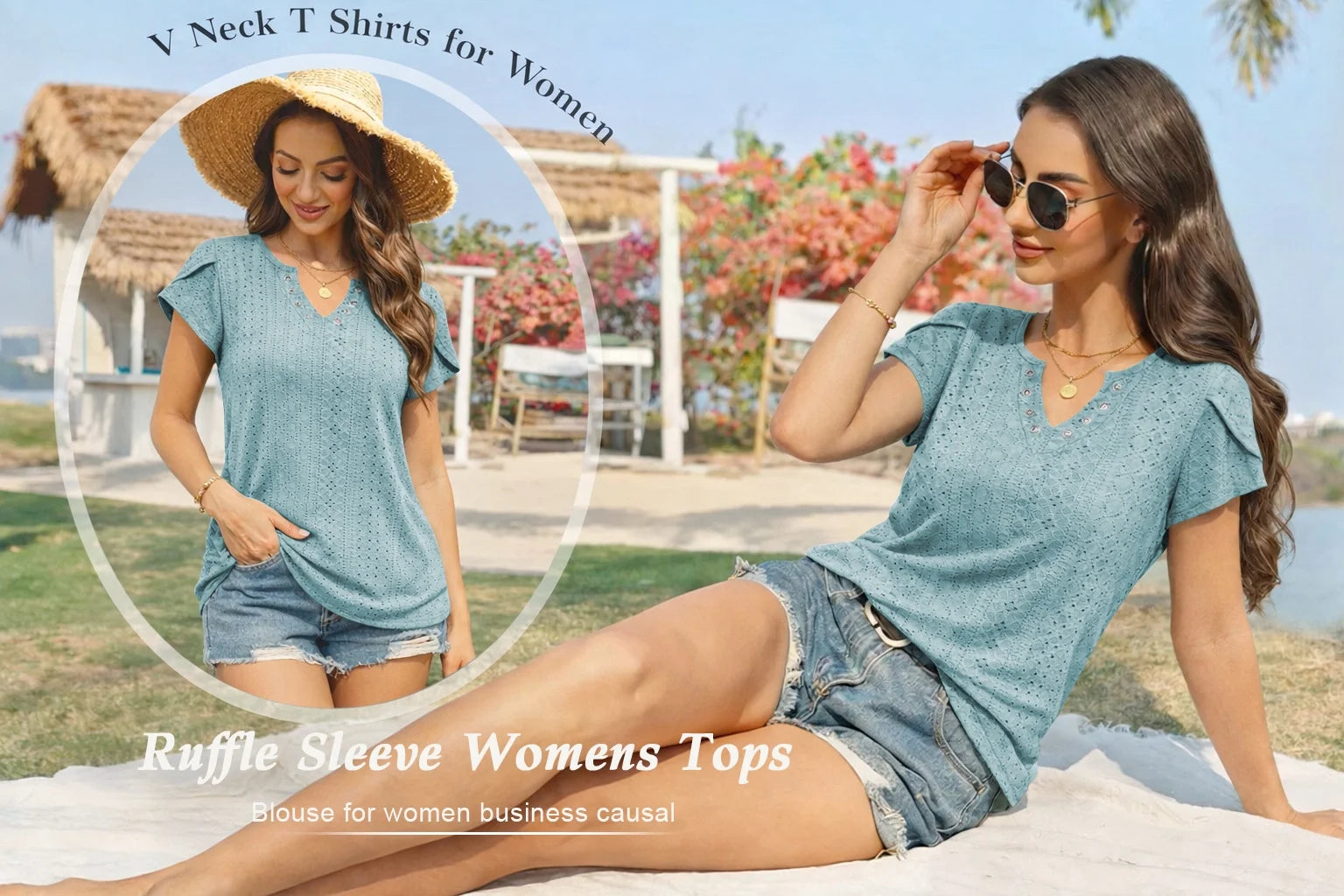 Women's Ruffle Sleeve T-Shirt - 1Blue from Meahs Fashion