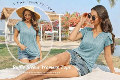 Women's Ruffle Sleeve T-Shirt - 1Blue from Meahs Fashion