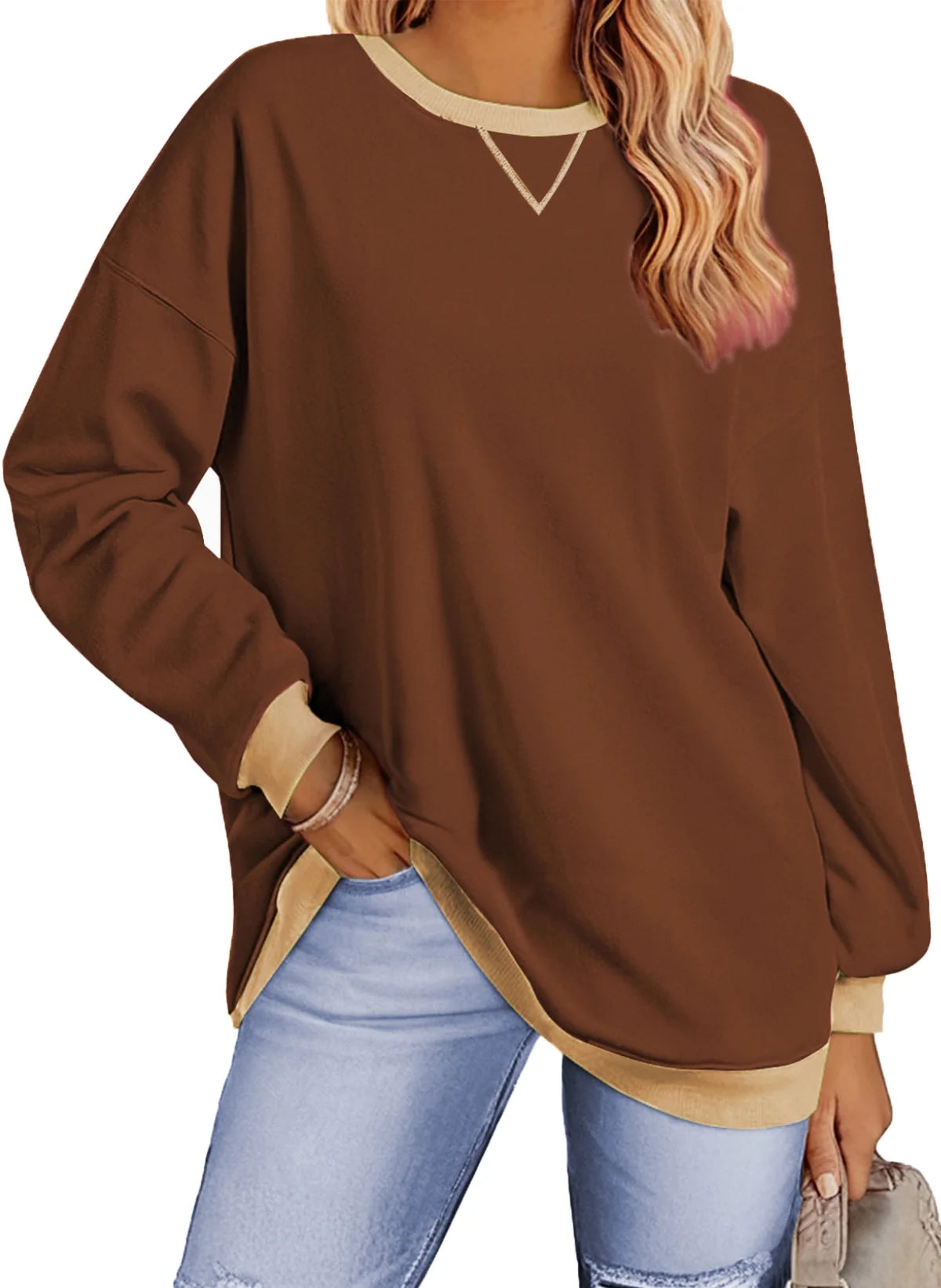 Women's Color Block Sweatshirt - Brown from Meahs Fashion