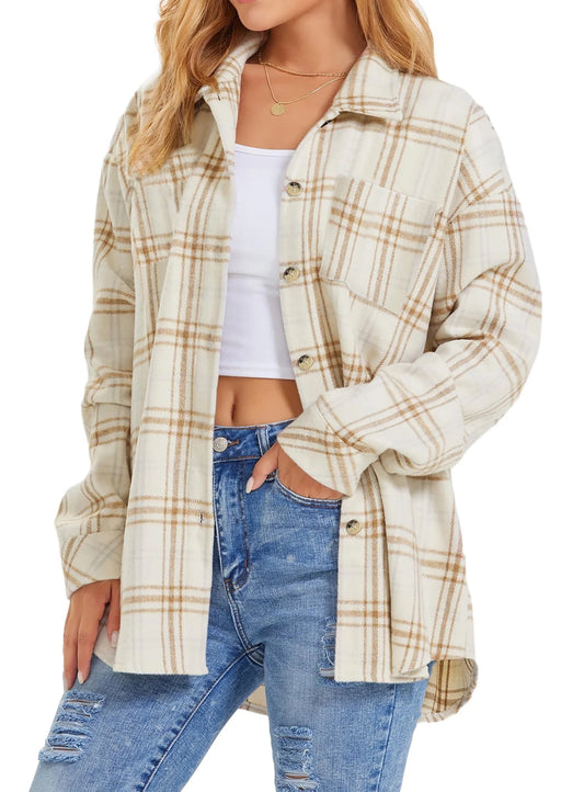 Women's Flannel Shacket Jacket - 2Beige from Meahs Fashion